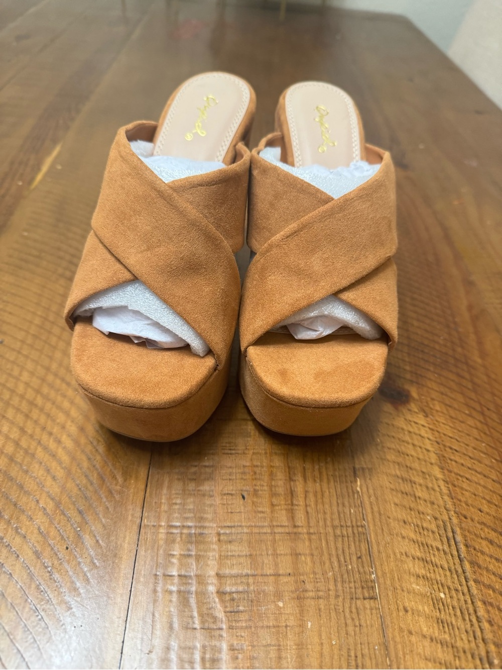 Qupid Suede Cross-Band Platform Mules in Cognac